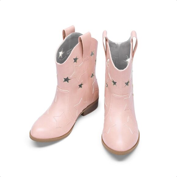 Girls Pink Cowgirl Mid Calf Glitter Western Boots Toddler Star Riding Shoes - Picture 5 of 5
